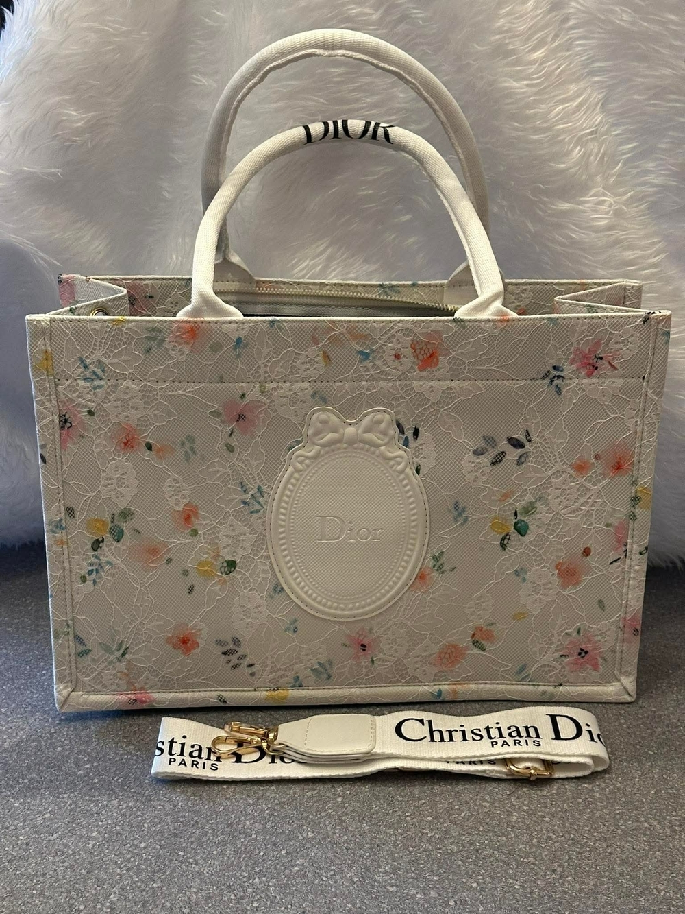 White Floral Embossed Tote with Removable Strap